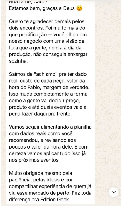Depoimento sobre a mentoria: precificação e custo real por peça